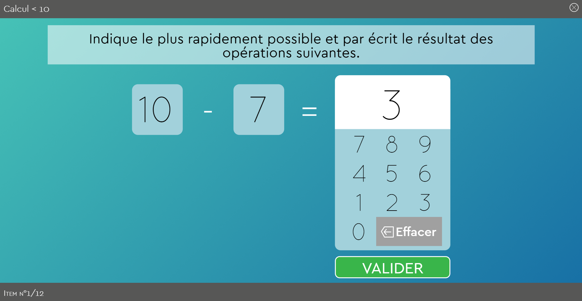 subitizing, numération, quantification, sens du nombre, calcul mental : le logiciel Subécal pour la rééducation de la cognition mathématique et la dyscalculie. Les lignes de base dans Subécal - écran 2