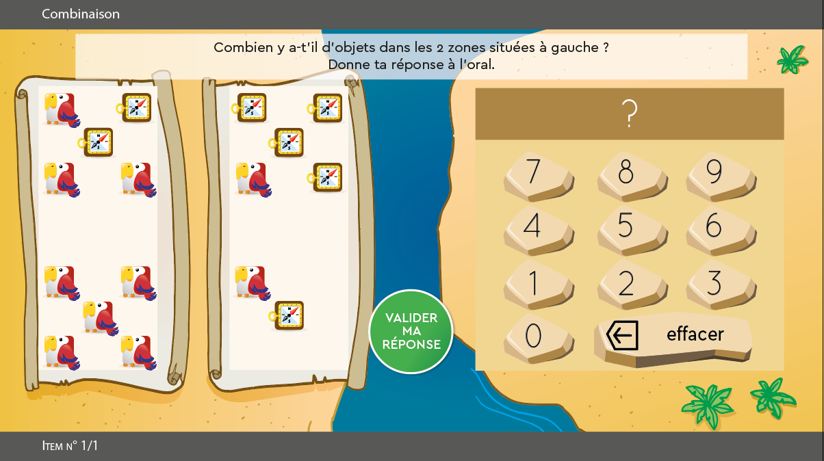 SUBéCAL : logiciel de rééducation de la cognition mathématique et dyscalculie pour l'amélioration du subitizing et des compétences de calcul, numération, quantification, sens du nombre. Activité combinaison avec décors Pirates personnages perroquet et boussole
