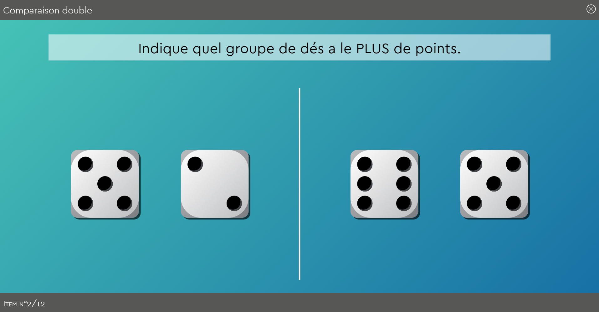 subitizing, numération, quantification, sens du nombre, calcul mental : le logiciel Subécal pour la rééducation de la cognition mathématique et la dyscalculie. Les lignes de base dans Subécal - écran 3 les dés