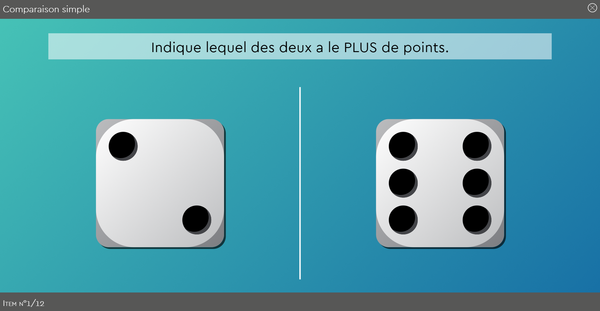 subitizing, numération, quantification, sens du nombre, calcul mental : le logiciel Subécal pour la rééducation de la cognition mathématique et la dyscalculie. Les lignes de base dans Subécal - écran 4 les dés