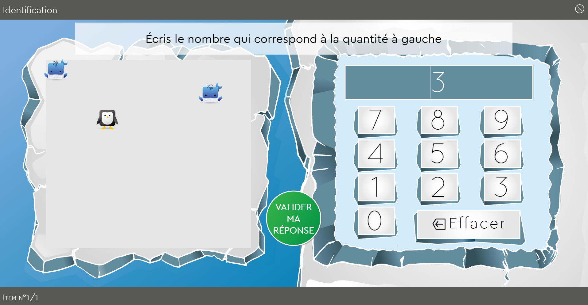 SUBéCAL : logiciel de rééducation de la cognition mathématique et dyscalculie pour l'amélioration du subitizing et des compétences de calcul, numération, quantification, sens du nombre. Activité identification avec décors Banquise personnages pingouin et baleine