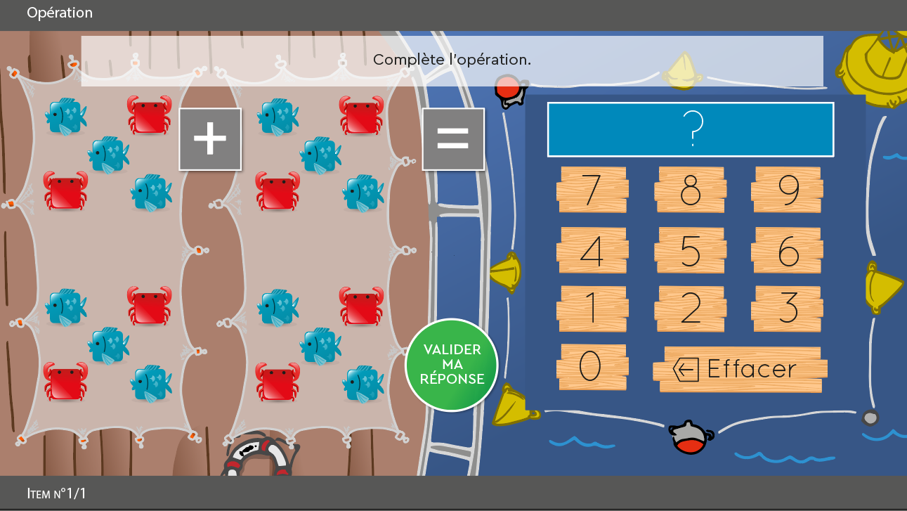 SUBéCAL : logiciel de rééducation de la cognition mathématique et dyscalculie pour l'amélioration du subitizing et des compétences de calcul, numération, quantification, sens du nombre. Activité opération avec décors Pêche personnages crabe et poisson