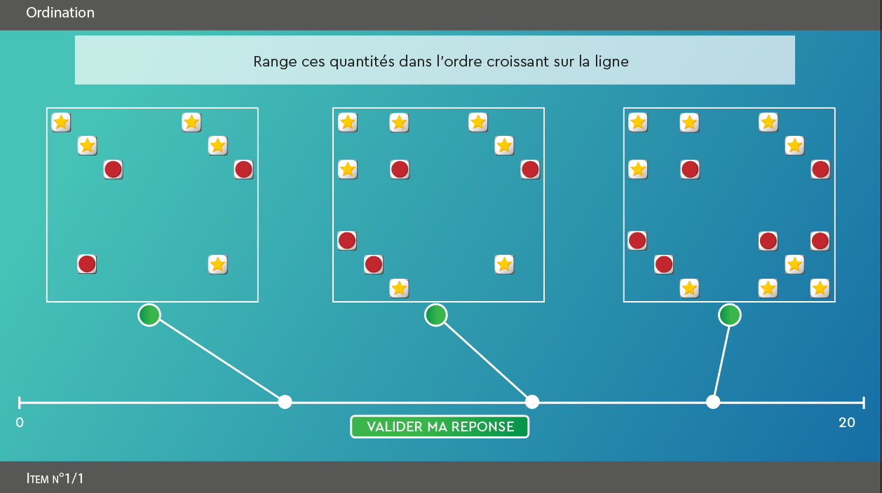 SUBéCAL : logiciel de rééducation de la cognition mathématique et dyscalculie pour l'amélioration du subitizing et des compétences de calcul, numération, quantification, sens du nombre. Activité ordination avec décors Neutre et formes géométriques