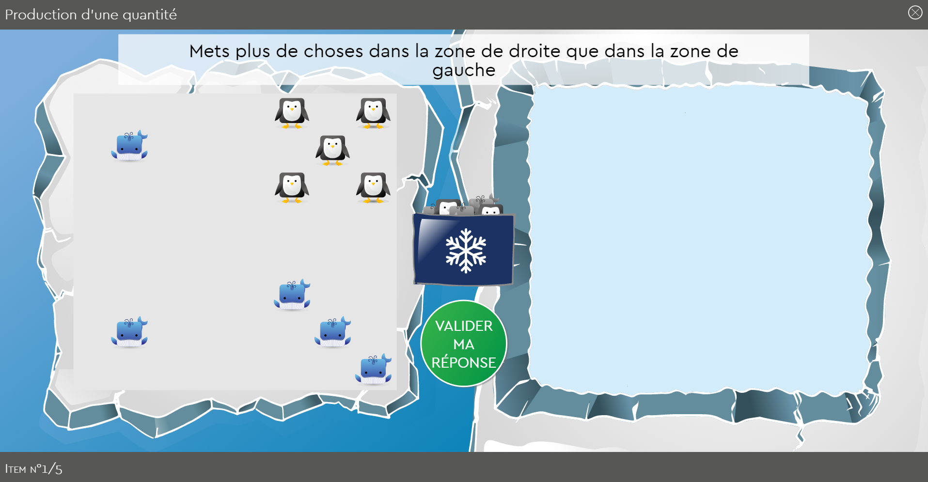 SUBéCAL : logiciel de rééducation de la cognition mathématique et dyscalculie pour l'amélioration du subitizing et des compétences de calcul, numération, quantification, sens du nombre. Activité Production d'une quantité avec décors Banquise et personnages pingouin et baleine