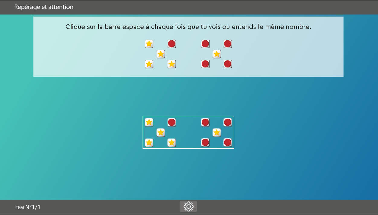 SUBéCAL : logiciel de rééducation de la cognition mathématique et dyscalculie pour l'amélioration du subitizing et des compétences de calcul, numération, quantification, sens du nombre. Activité repérage et attention avec décors Neutre et formes géométriques