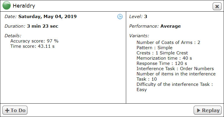 HappyNeuron Pro Results Screen - Details on Exercise Played