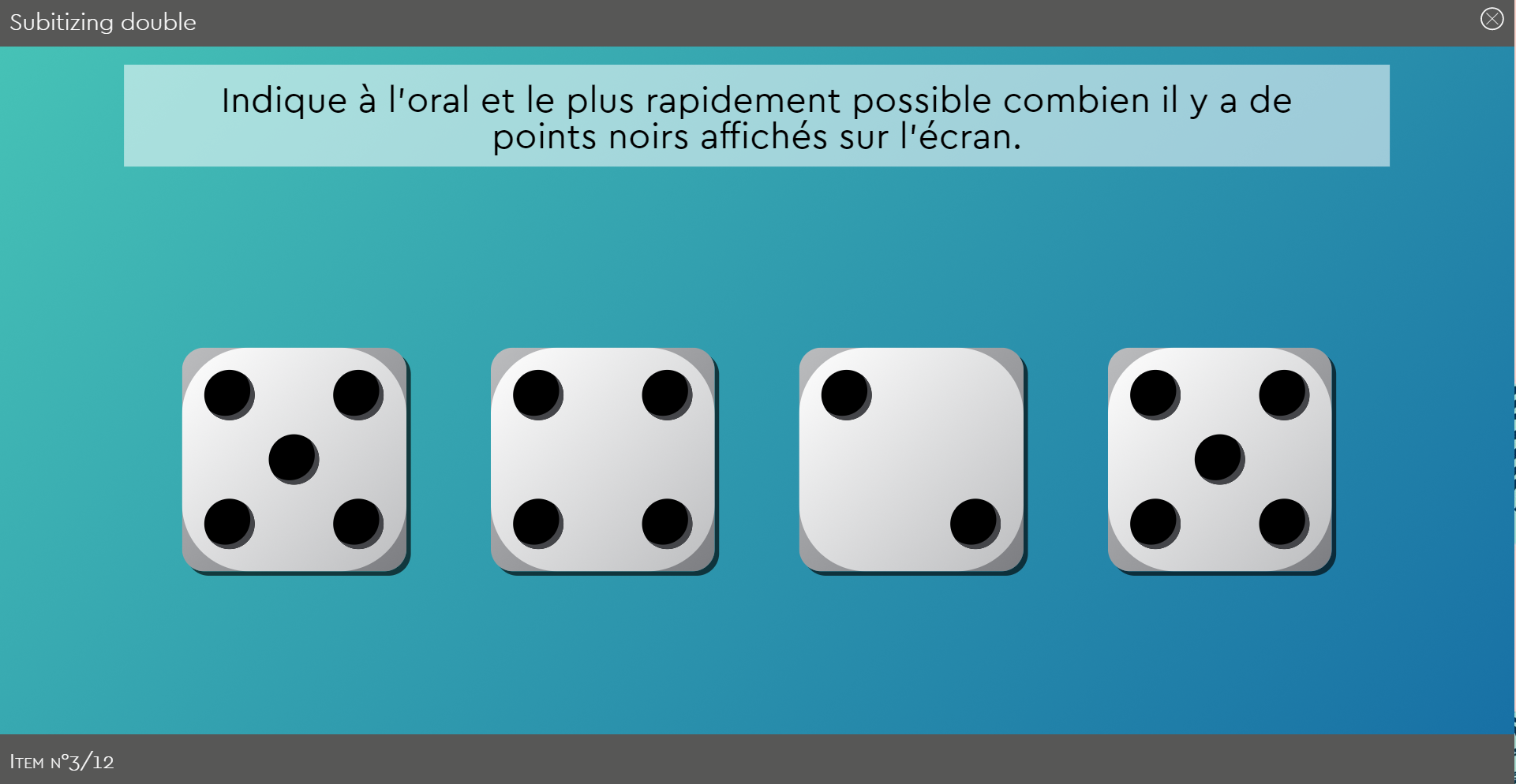 subitizing, numération, quantification, sens du nombre, calcul mental : le logiciel Subécal pour la rééducation de la cognition mathématique et la dyscalculie. Les lignes de base dans Subécal - écran 5 les dés