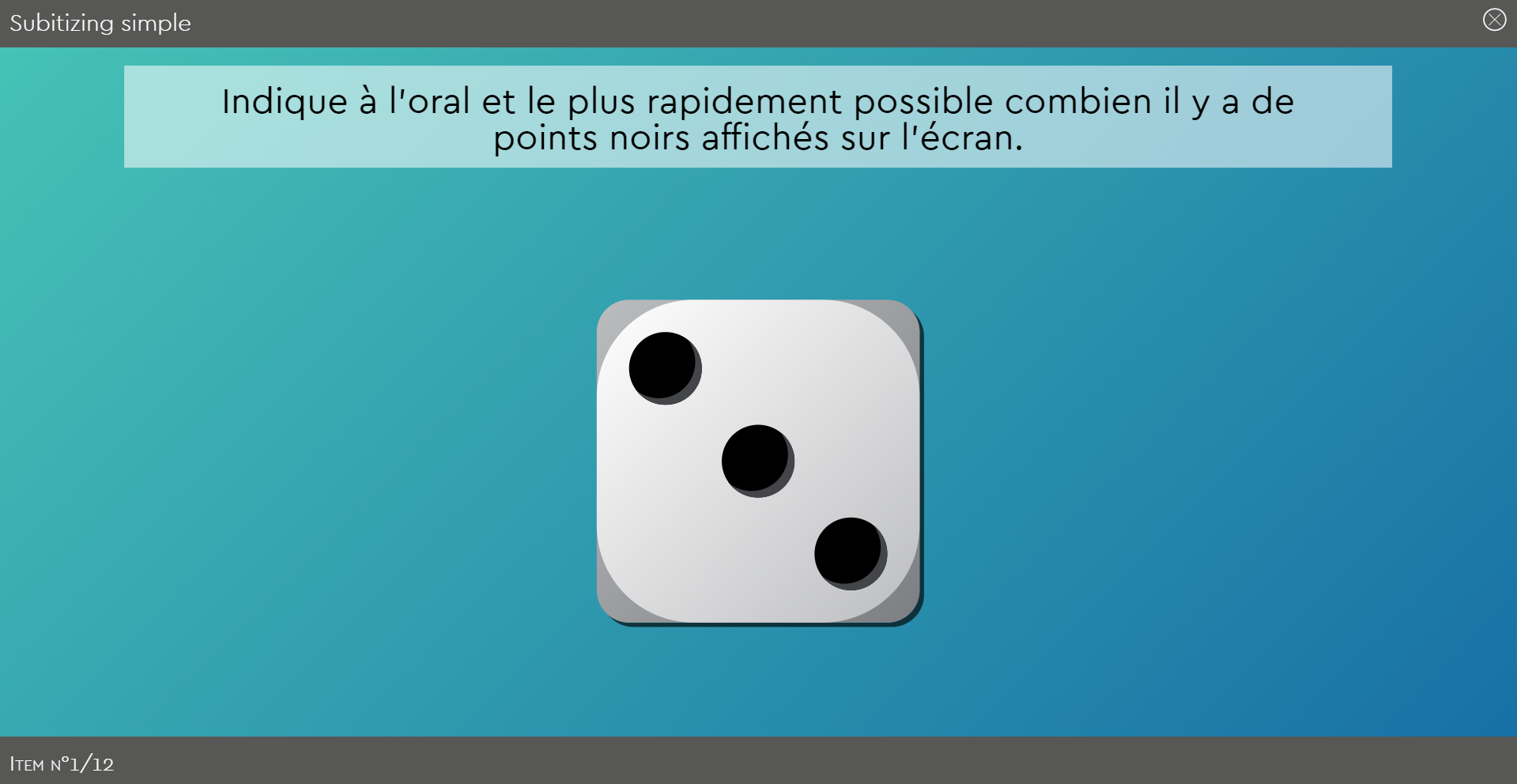 subitizing, numération, quantification, sens du nombre, calcul mental : le logiciel Subécal pour la rééducation de la cognition mathématique et la dyscalculie. Les lignes de base dans Subécal - écran 6 les dés