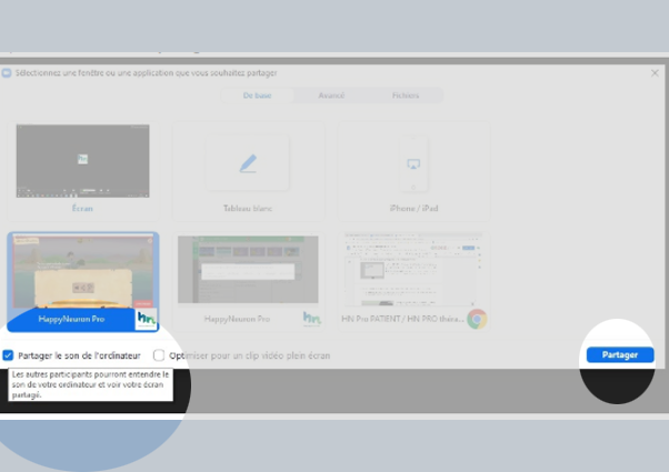 Téléorthophonie : les outils pour la téléconconsultation et le télé soin en orthophonie. Outils visio, vidéo, appel, partage d'écran, partage d'activités de rééducation. Tuto Zoom partager le son