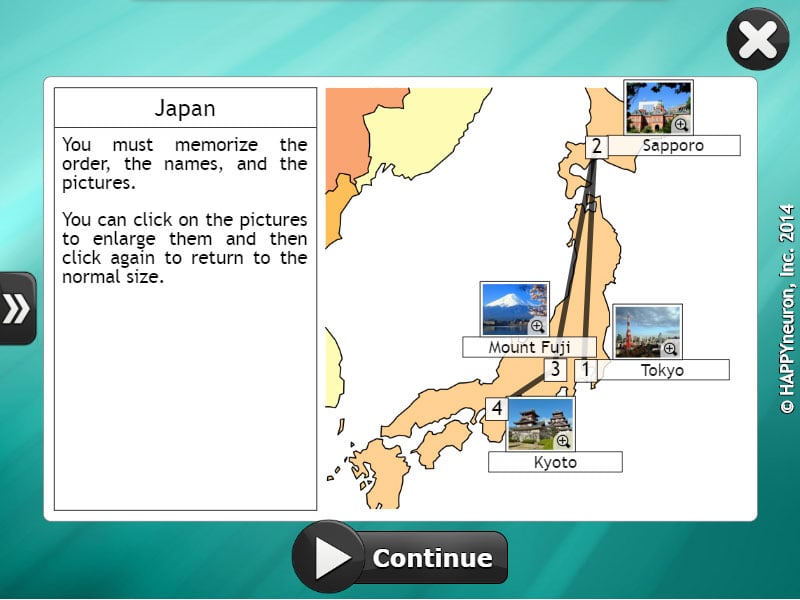 Screenshot of HappyNeuron Pro exercise Around the World in 80 Trips