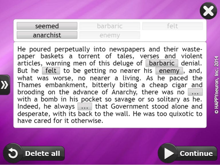 Screenshot of HappyNeuron Pro exercise This Story is Full of Blanks