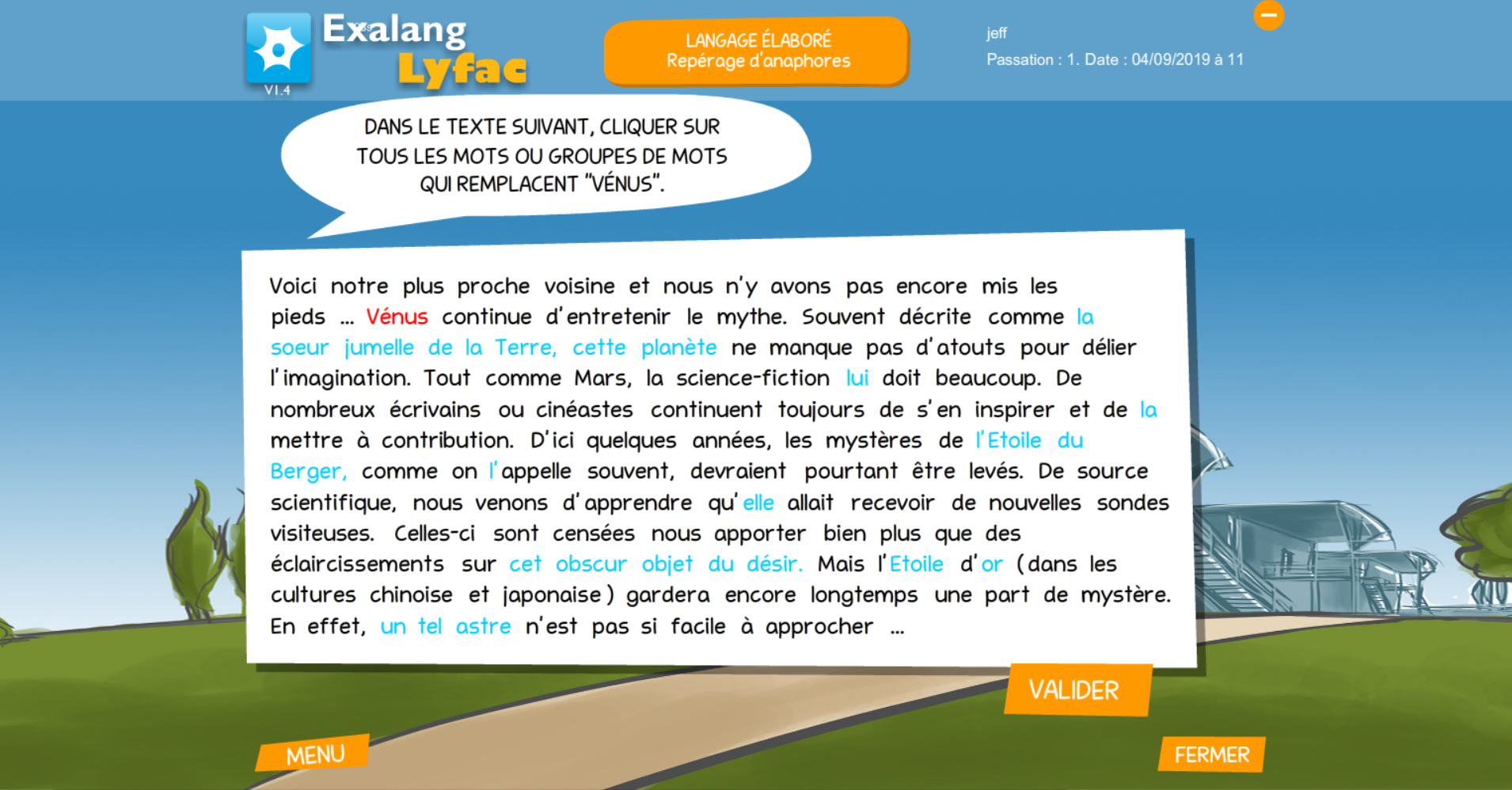 Exalang Lyfac logiciel de bilan de langage oral et écrit et test de langage des patients au lycée ou en université - langage élaboré repérage d'anaphores